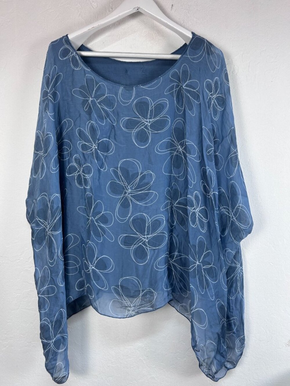 Dance In Paris Women Blue Floral 8183 Silk Layer Poncho Top Blouse Blue New $125